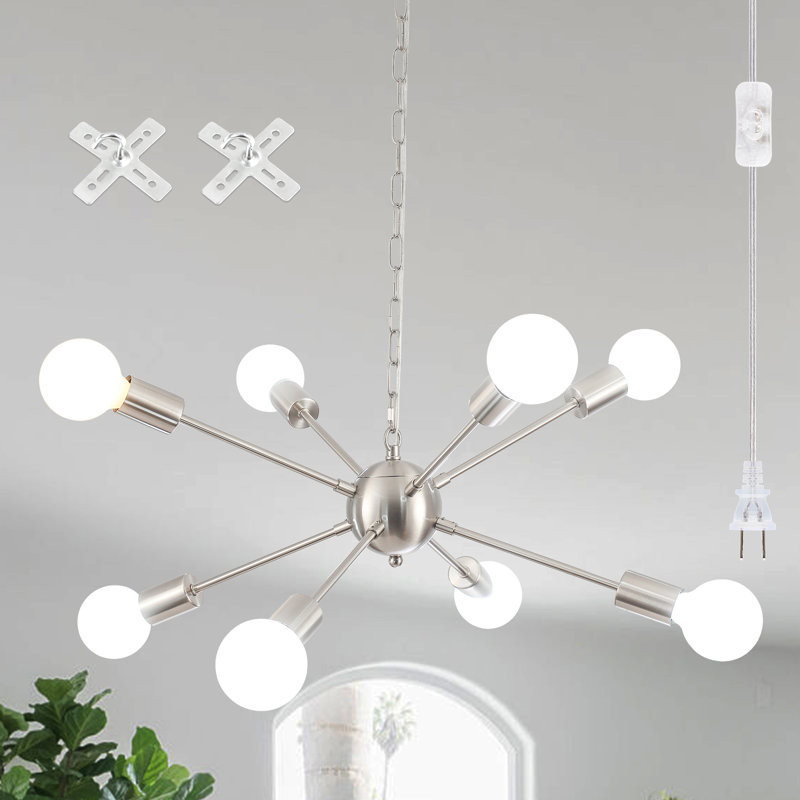  Lustre sphérique Spoutnik à 8 lumières avec cordon et interrupteur marche / arrêt pour la cuisine du salon Pushkar, Nickel