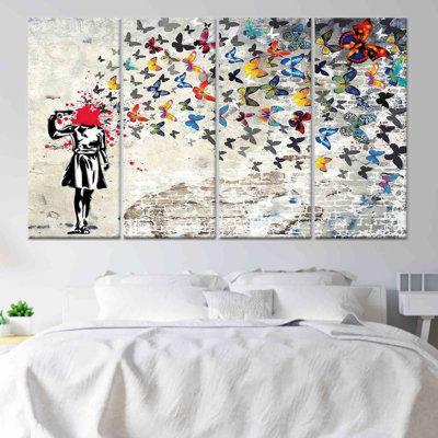 «Banksy Girl with Butterflies», reproduction d'art sur toile tendue sur toile 4P