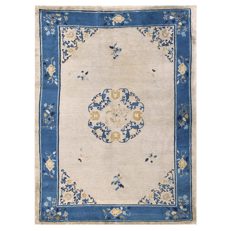 Tapis en laine noué à la main à motif floral antique ivoire beige crème et blanc
