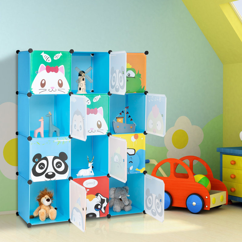 12-cube Kids Closet Wardrobe With 2 Hanging Rods Diy Animal Pattern Modular Plastic Storage Organizer Blue