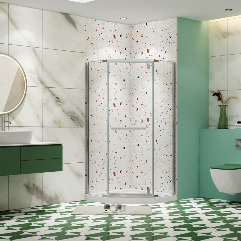 Pivot Shower Door, With 1/4" Tempered Glass , 34.75 In. X 72 In. Frameless Neo-Angle Pivot Shower Enclosure, Chrome