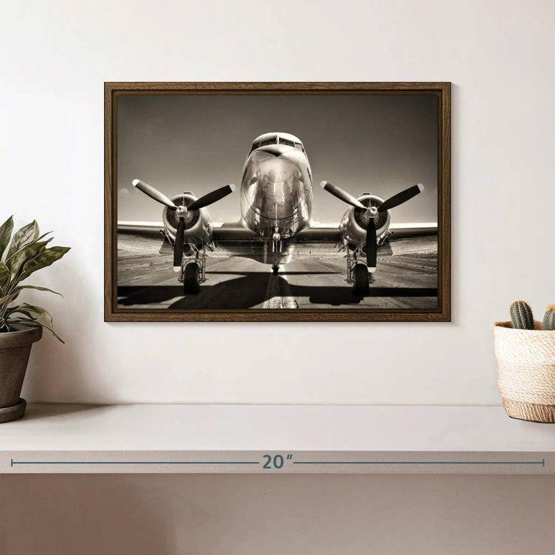 Avion rétro noir et blanc, 13 po x 9 po, Cadre flottant noyer