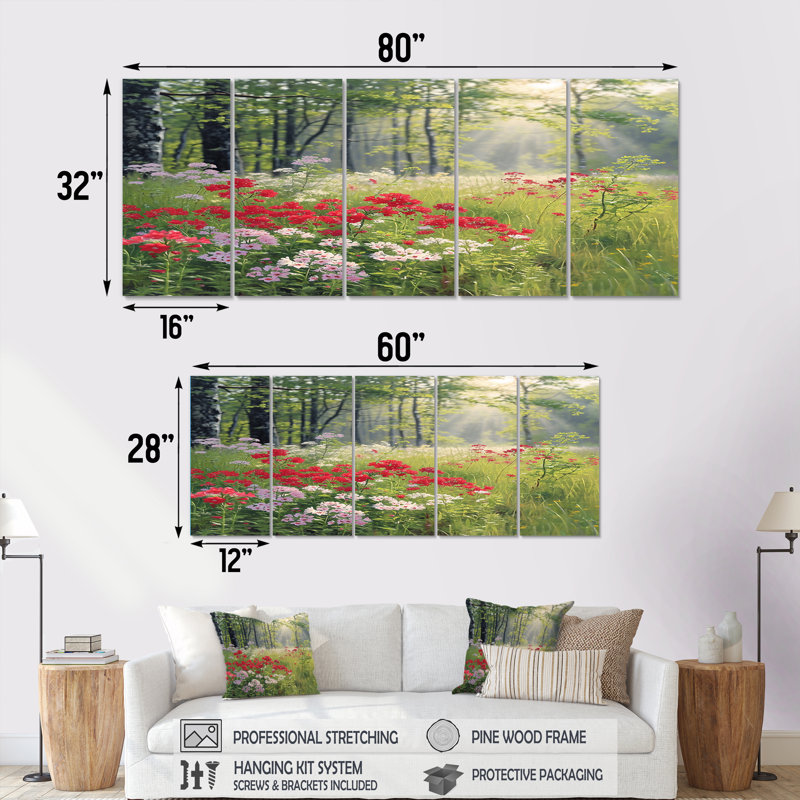 Fleurs rouges dans des bois verts - ensemble de 5 décorations murales forêt, H 28 po x l 60 po