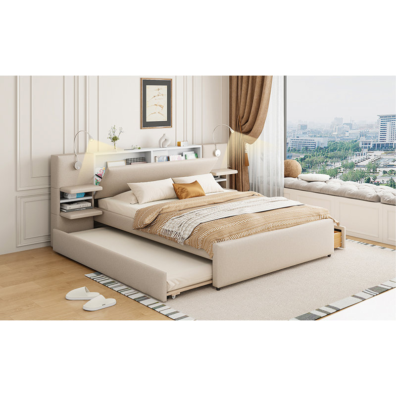 Grand lit plateforme tapissier avec lumières de lecture, tiroirs, gigogne et tablettes, beige
