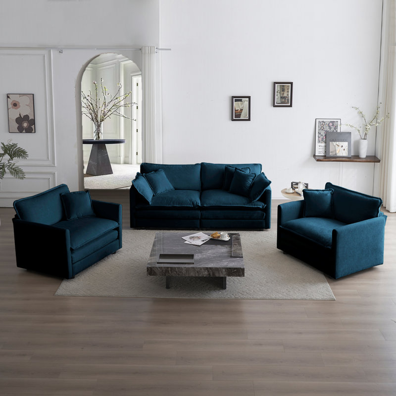 Chenille Sectional Sofa, Comfy Modular Coush Sofa, Blue