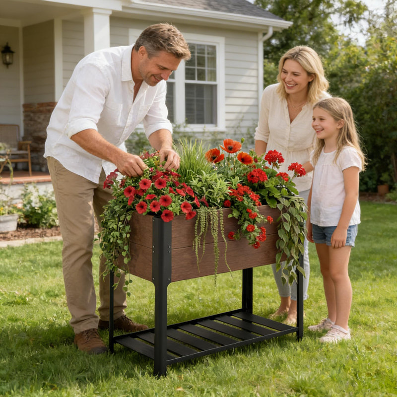 JardiniÃ¨re surÃ©levÃ©e en PEHD avec tablette de rangement, 106,7 cm (42 po) de largeur x 83,8 cm (33 po) de hauteur, avec cadre en aluminium pour terrasse
