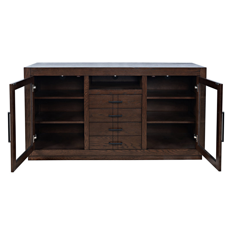 Kavia 60" Contemporary Media Console with Tempered Glass Doors, Drawers and Adjustable Shelves - Light Oak, Dark Brown Wood