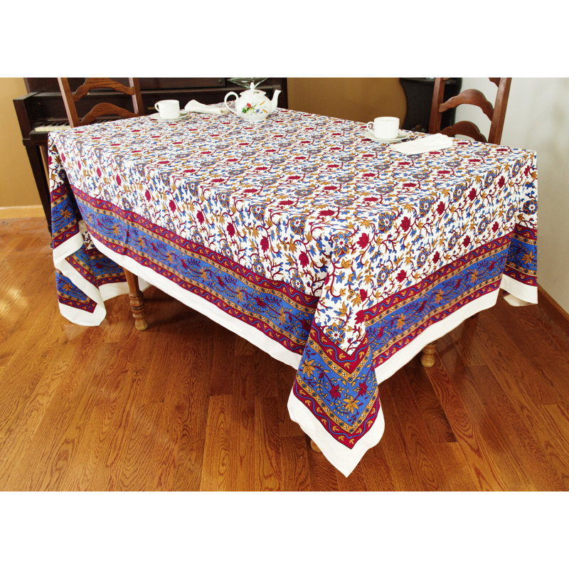 Floral 100% Cotton Tablecloth, Red/Blue, 108" x 72"