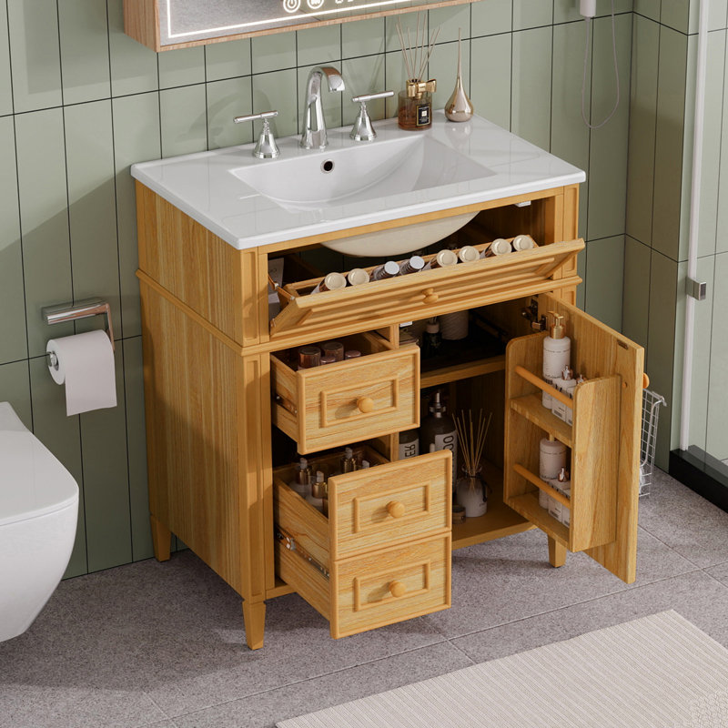 30'' Bathroom Vanity With Sink, Solid Wood & Mdf Cabinet, Flip-Out Drawer,Wood, 30", Wood