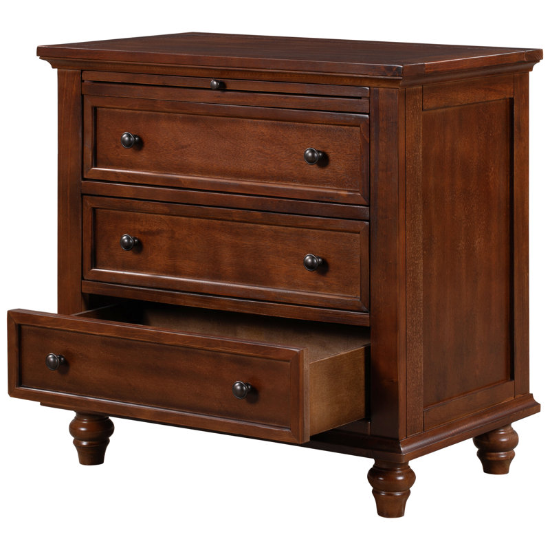 Luminex Traditional 3-Drawer Nightstand with Pull-out Shelf and Solid Wood Legs (Set of 2), Brown, Set of 2