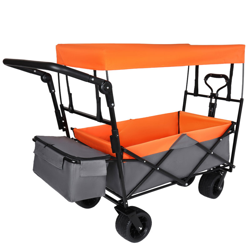 Wagon pliable avec poignée et auvent, capacité de 480 lb, roues tout-terrain, pour le camping, le magasinage, les sports et le jardin, orange