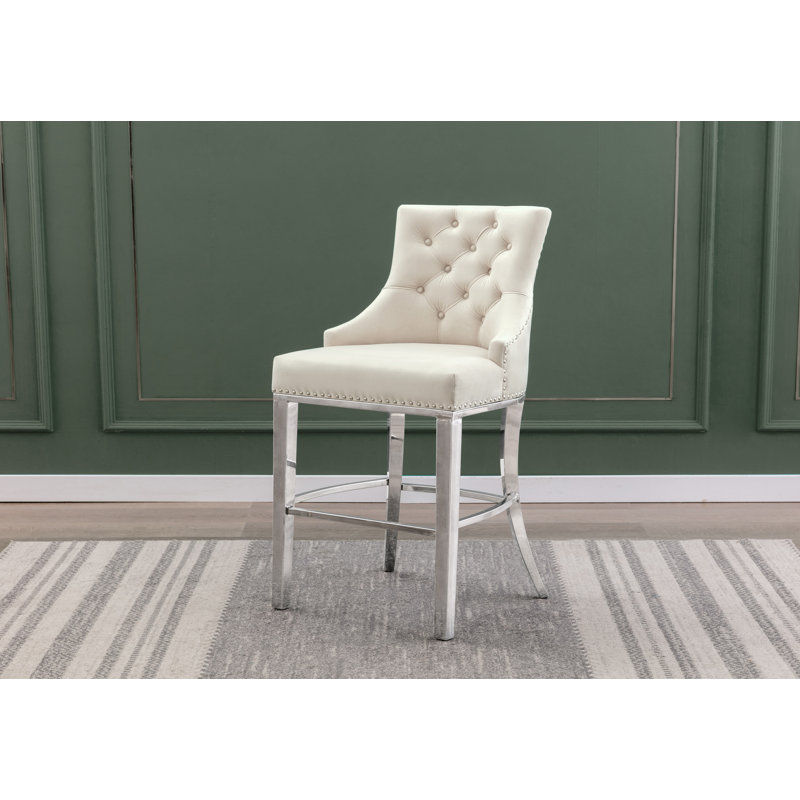 Kairin Upholstered Counter Stool, Cream Velvet / Silver, Counterstool (40" Seat Height)
