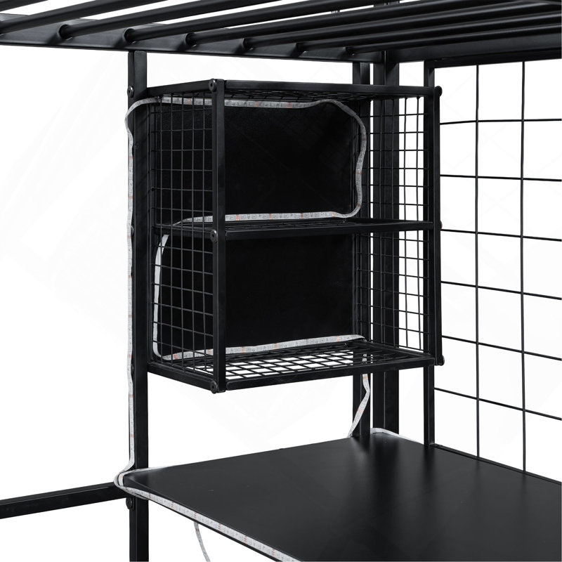 Lit mezzanine en métal avec poste de travail intégré, garde-robe, escalier de rangement et DEL