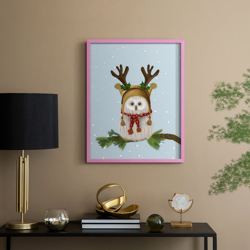 «Christmas Fluffy Owl and Antler», reproduction encadrée - bois massif, H 21 po x l 17 po, Rose