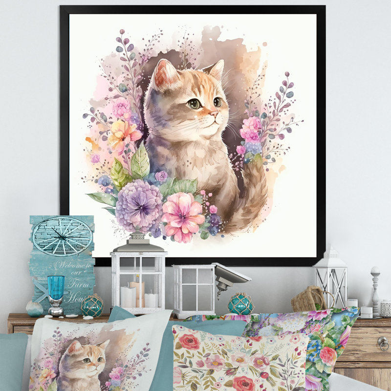 Petit chaton entouré de fleurs colorées II - animaux, art mural sur toile, Impression noire sur toile encadrée