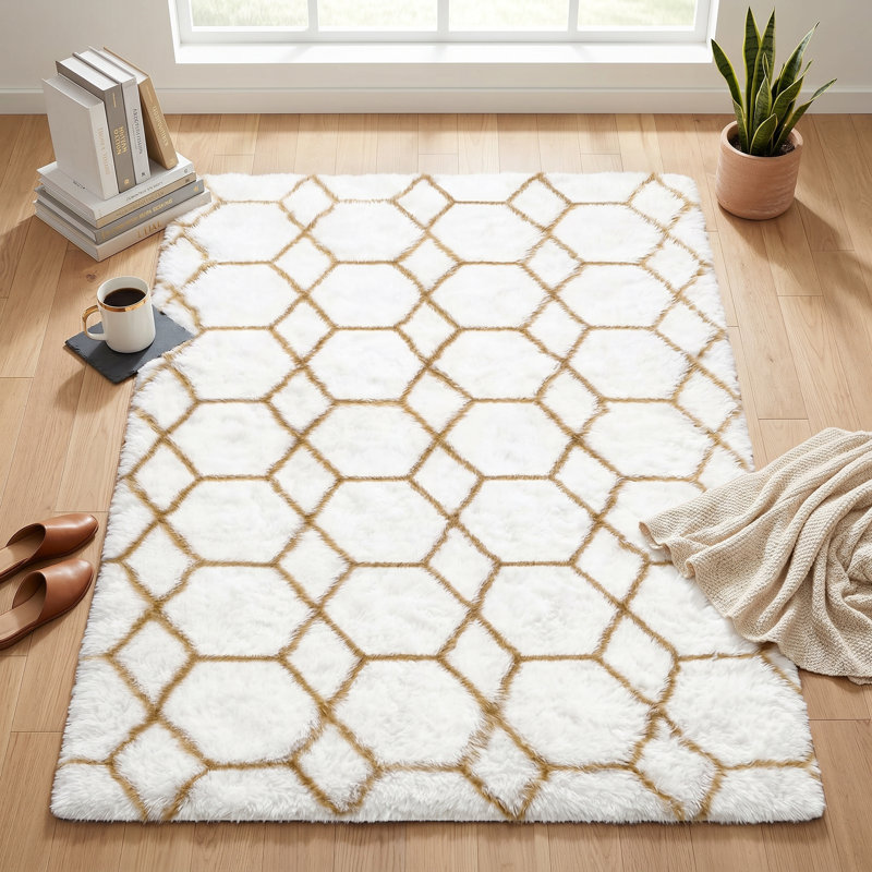4X6 Ft Shag Geometric Area Rug Soft Fluffy For Living Room Bedroom,White, Rectangle 3'11" x 5'11", White