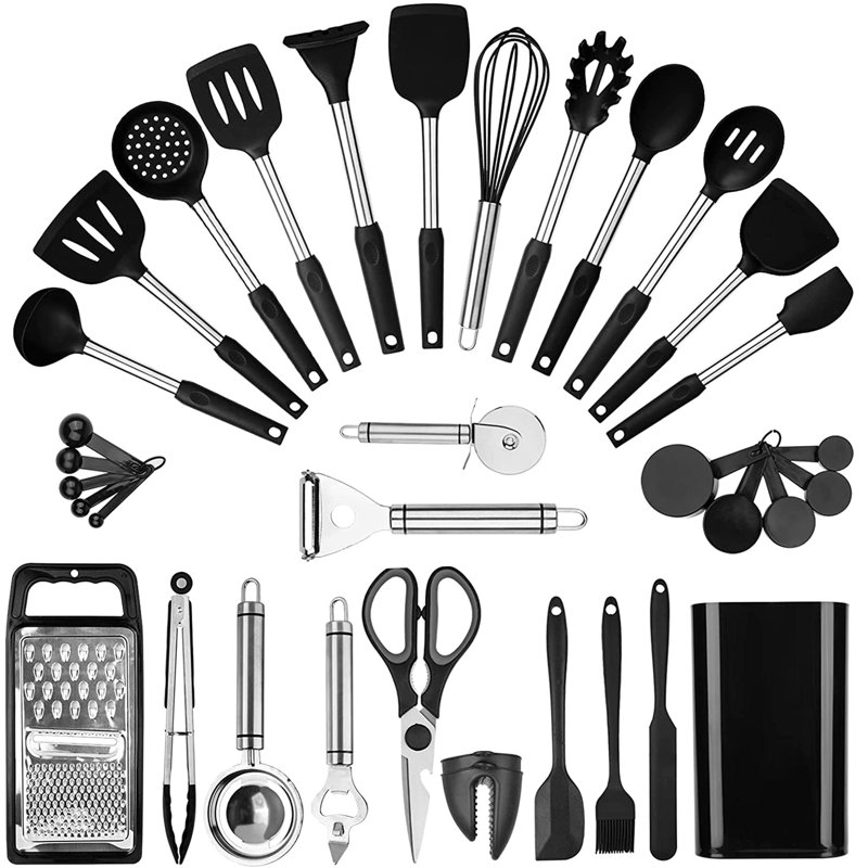 Ensemble d'ustensiles de cuisine en silicone 35 pièces, acier inoxydable, antiadhésif, noir