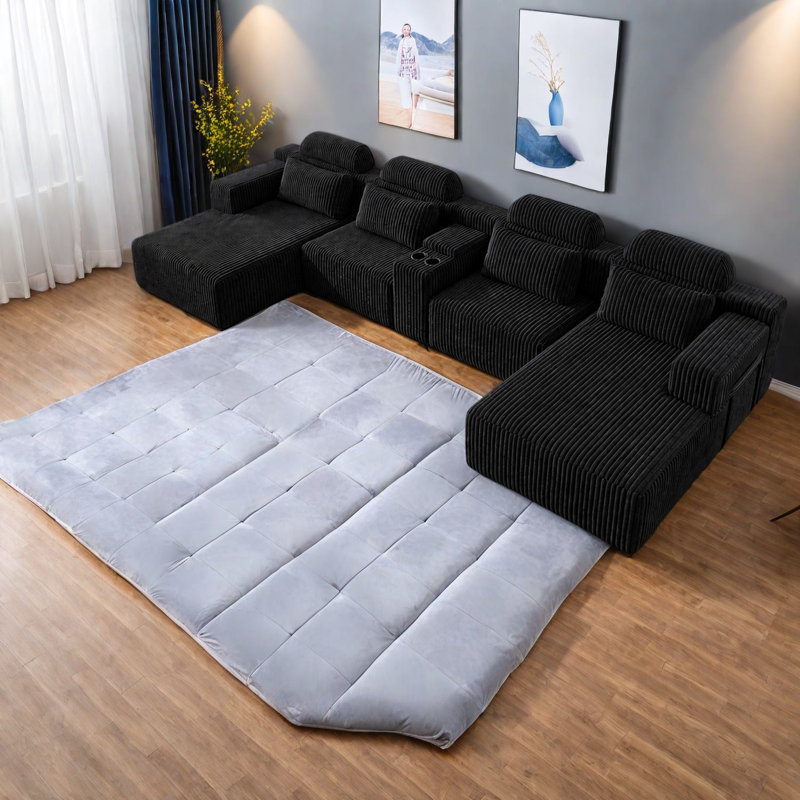 Compression Sofas with Storage, Black Corduroy Modern Sectional for Home