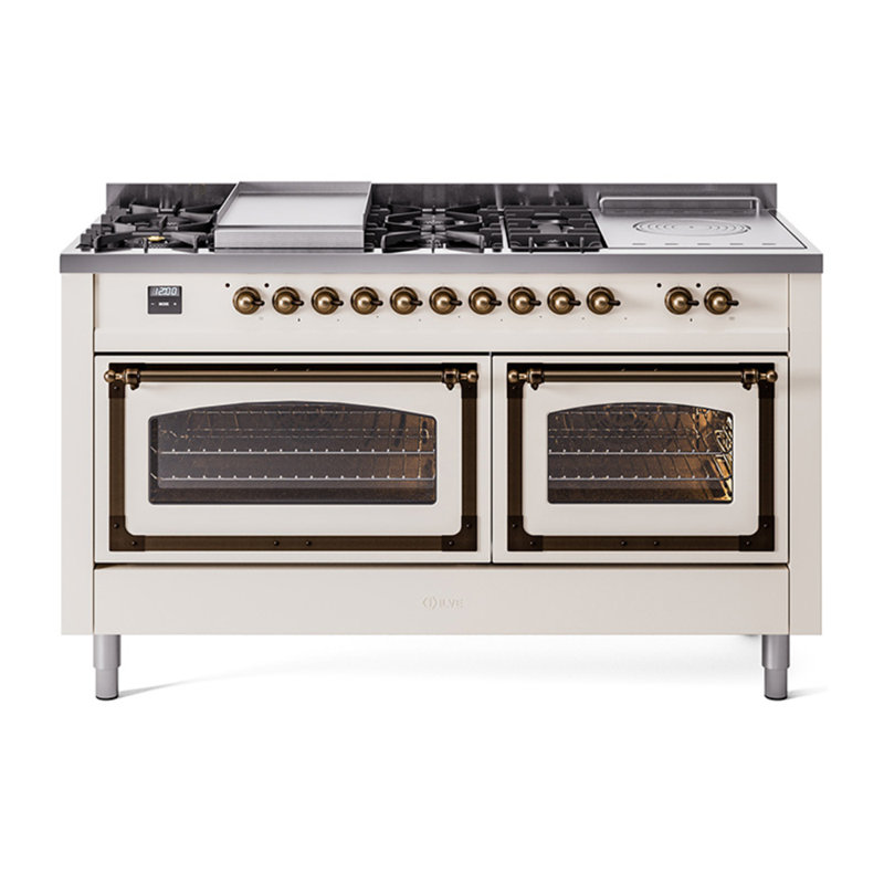 ILVE Nostalgie II Noblesse 60 in Dual Fuel Range 7 Burner, Griddle, Frenchtop, Antique White/Burnished, Natural Gas