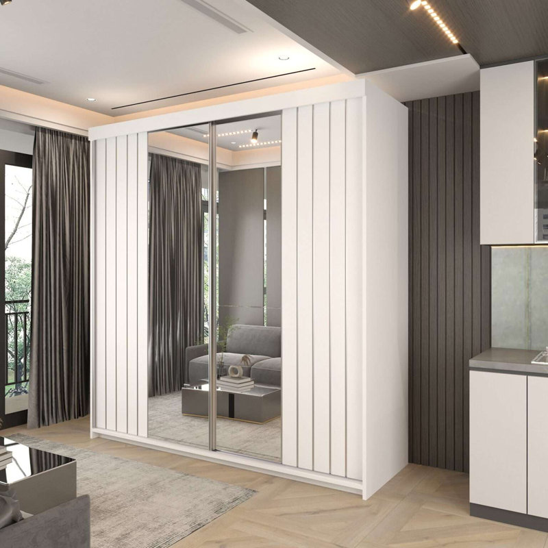 2 Door Laminate Wardrobe, White, 217cm H x 200cm W x 62cm D