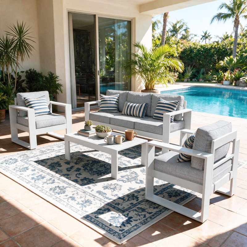 Standalone Product 5 - Person Patio Conversation Set with Cushions, White Frame/Light Gray Cushion