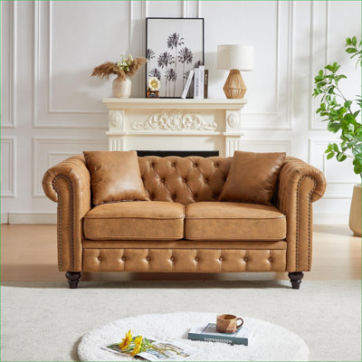 Canapés | Canapé Chesterfield 63,5 po contemporain capitonné à boutons pour le salon | Tissu | Brun foncé