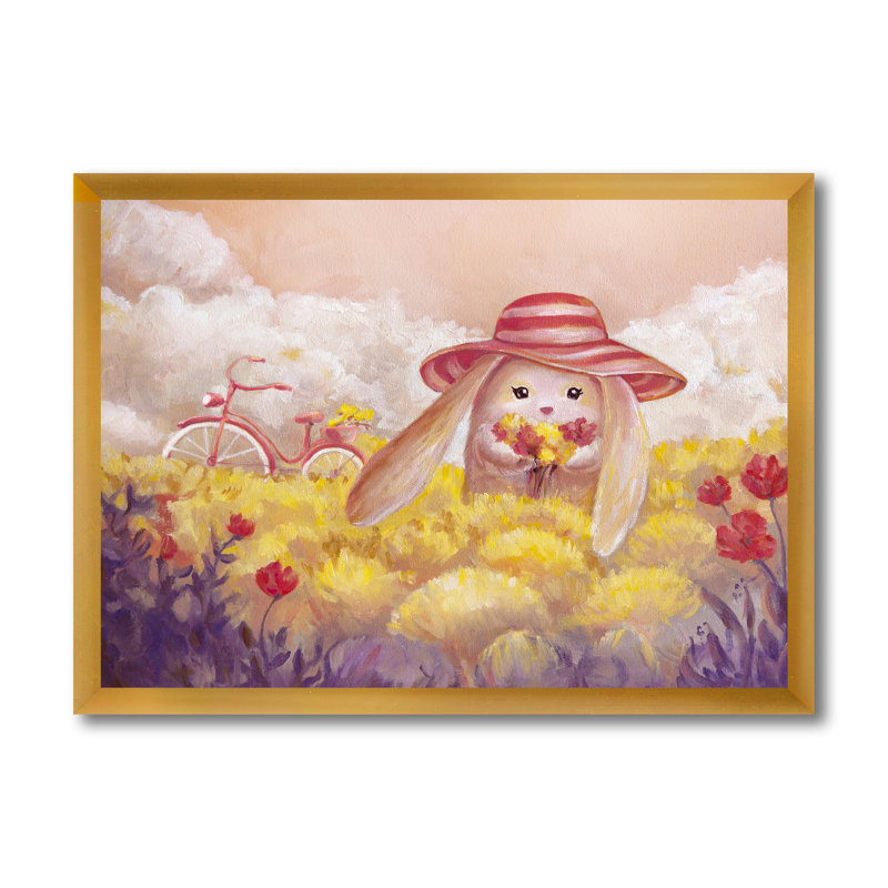 Petit lapin avec des fleurs - Peinture sur toile, H 24 po x l 32 po x P 1 po, Cadre doré