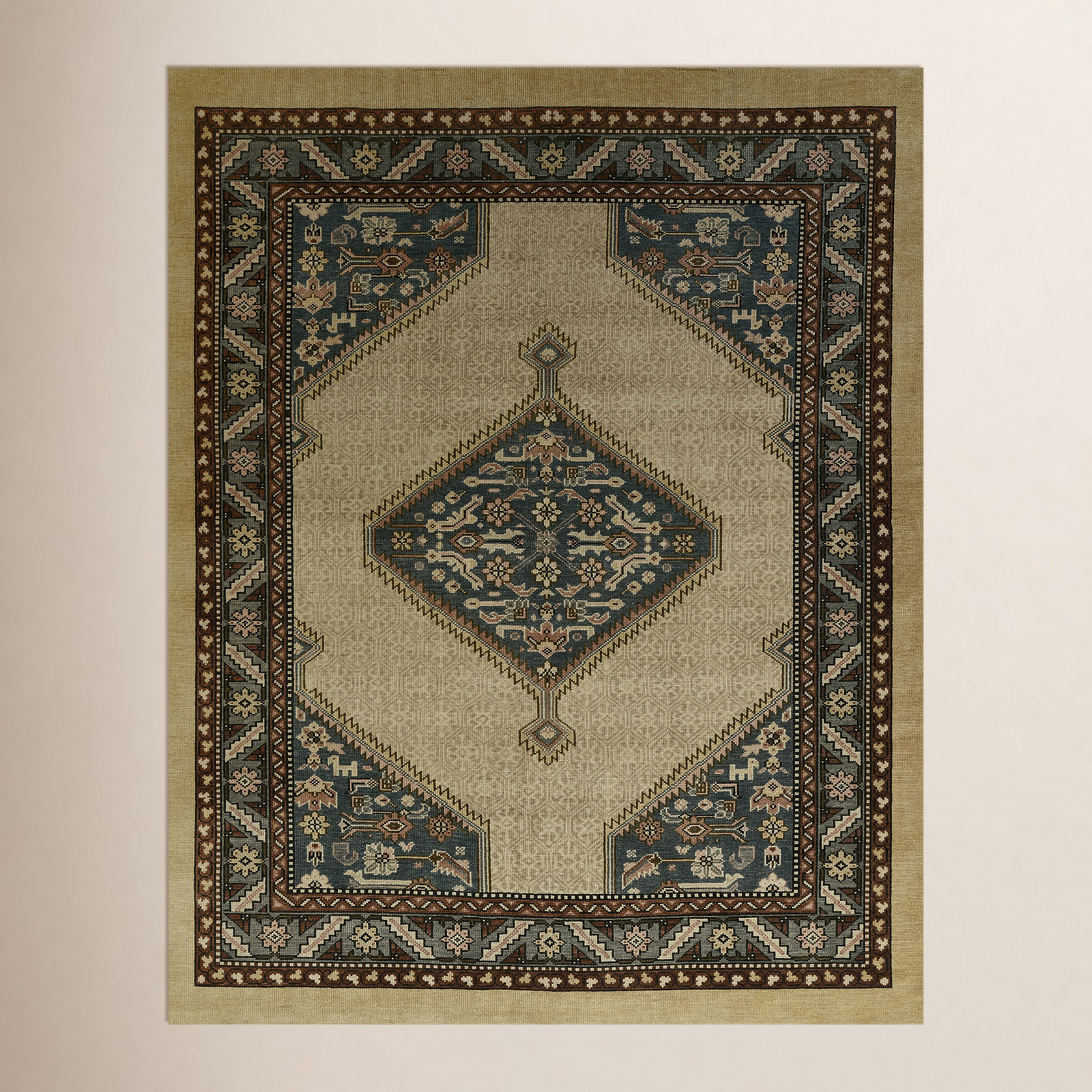Blue Beige Hand-Knotted Wool Oriental Rug, Rectangle 5' x 8'