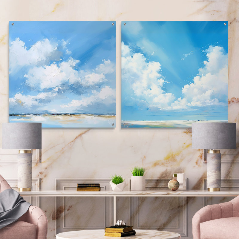 «Minimalist Horizon Cloud Drift», ensemble de 2 verres muraux en acrylique, H 16 po x l 33 po