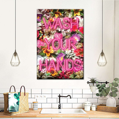 «Wash Your Hands Floral Neon», reproduction sur toile tendue