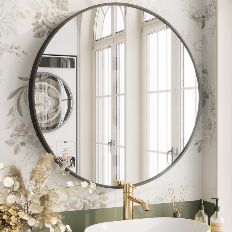 Molly Easy French Cleat Mounting Metal Alloy Wall Round Vanity And Dresser Bathroom Mirror, Black, 30" x 30"