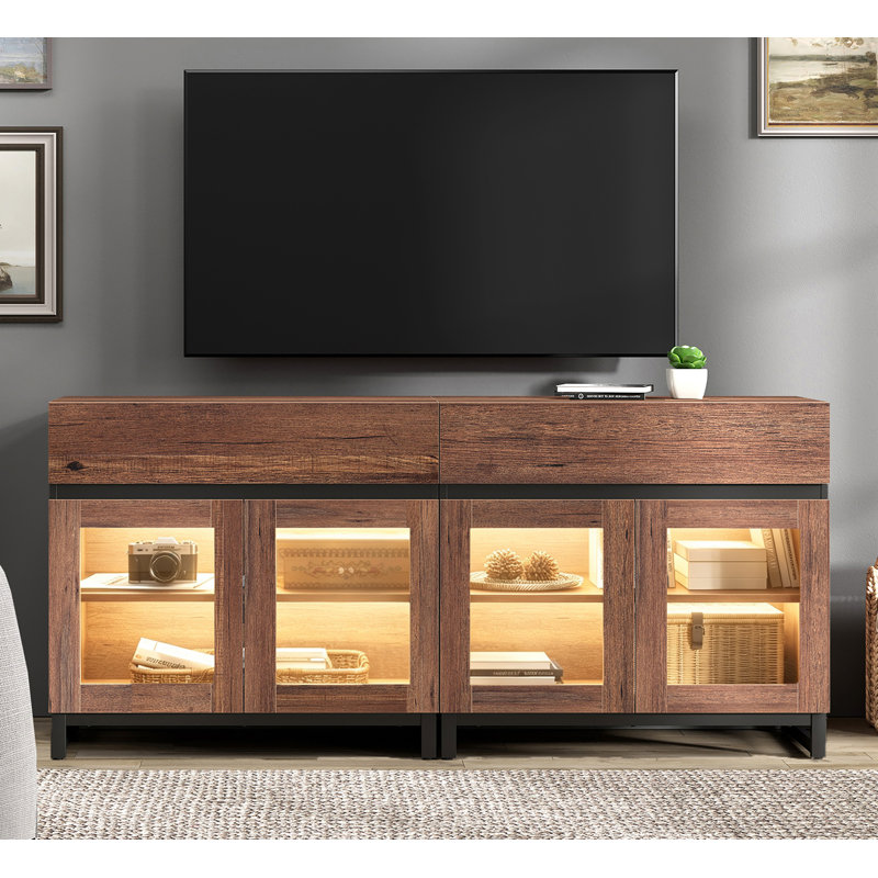 Modern TV Stand With Glass Doors For 70 Inch Tvs, 2 In 1 Entertainment Center Console With 2 Drawers And Metal Base For Living Room, Bedroom