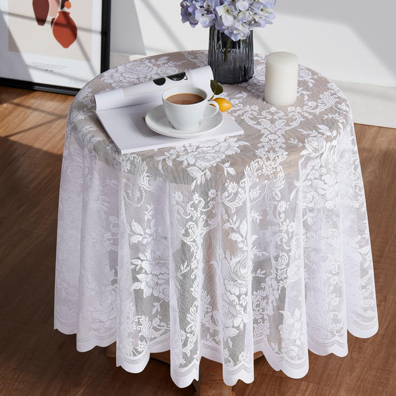 Lace Round Tablecloth With English Rose Design, White, Round TableCloth: 36"