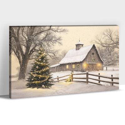 Grande décoration murale de Noël avec grange de Noël - photos murales rétro de Noël, art mural sur toile paysage d'hiver pour le salon, impressions d'art de scène de vacances, toile tendue encadrée, 28 po x 40 po