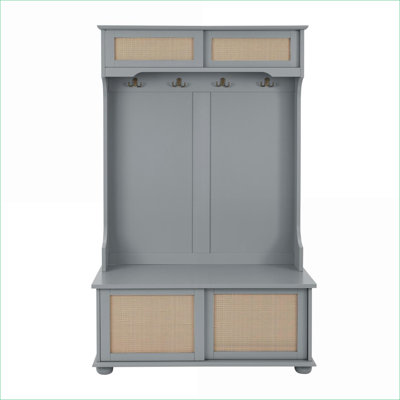 FlowLuxe Slate Gray 4-in-1 Hall Tree with Bench and Shoe Storage, Entryway Coat Rack with Rattan Door