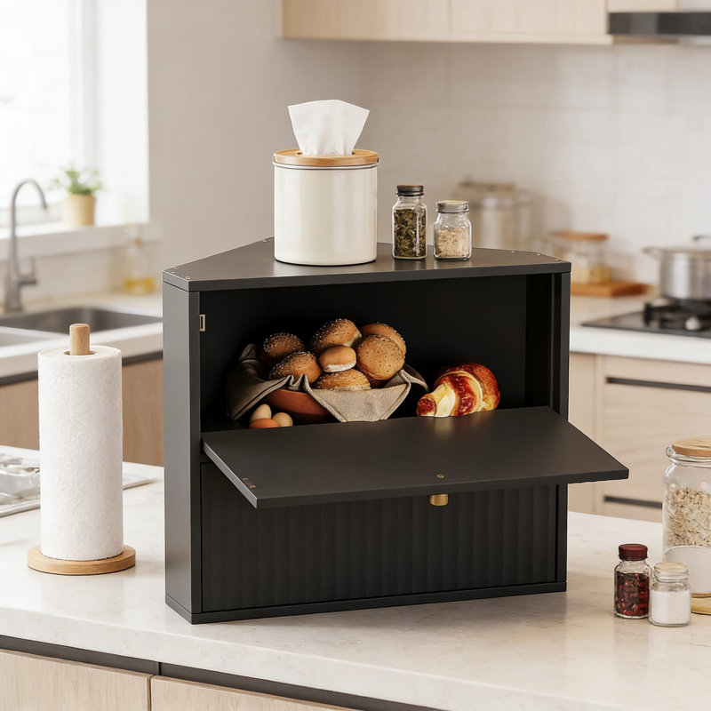 Boîte à pain de coin en bambou à deux couches, bac à pain de grande capacité pour comptoir de cuisine, garde-pain de style rétro avec porte magnétique