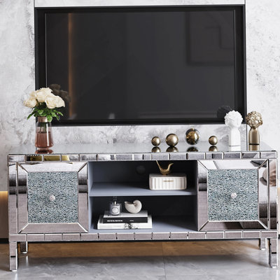 60" Mirrored TV Stand With Crushed Diamond Glass Doors - Modern Media Entertainment Center For Living Room, Adjustable Storage TV Console Table For 65-Inch TV
