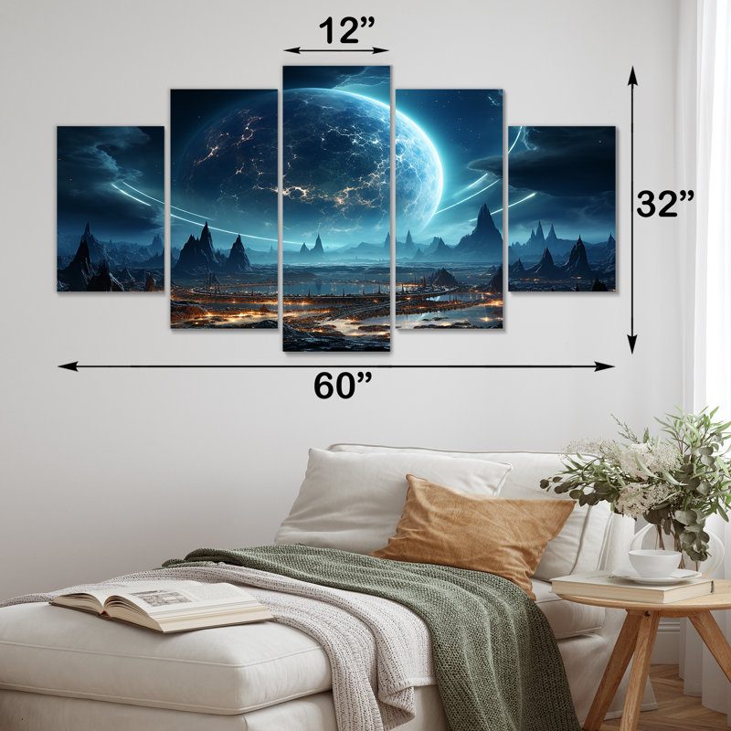 Blanc et bleu, espace cosmique paysage III - planètes, décoration murale multipanel