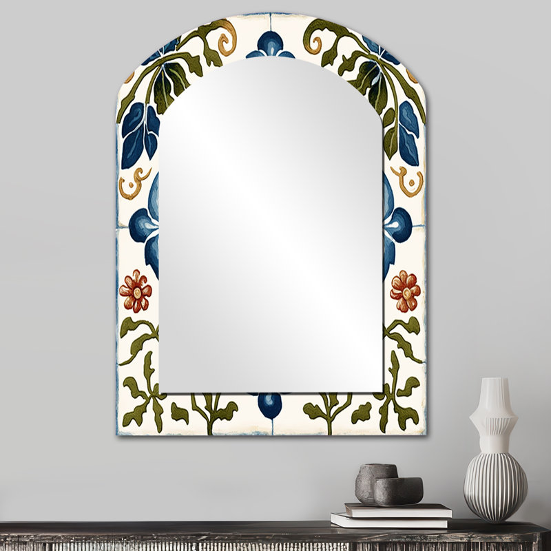 Méditerranée, carreaux en bleu rétro I - miroir asymétrique, miroir mural décoratif arche bleue, 34 po x 25 po
