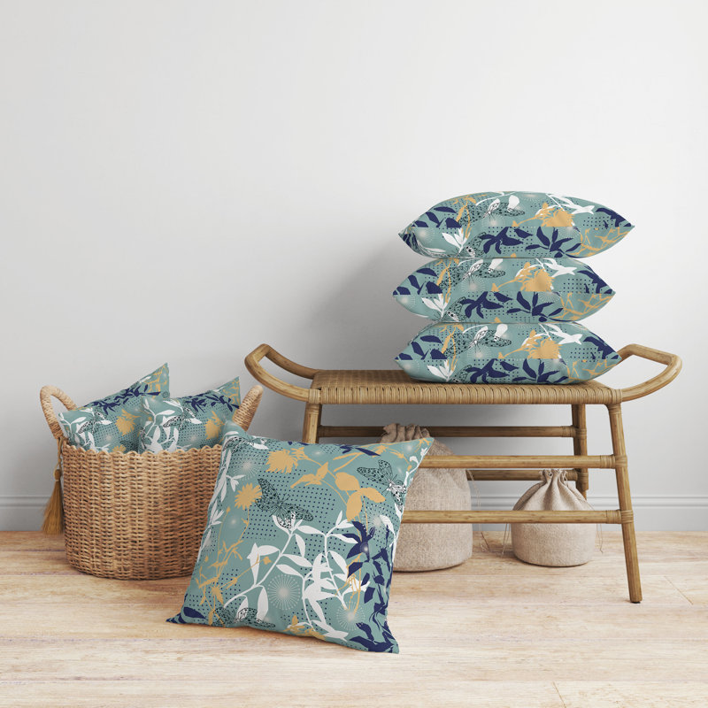 Coussin décoratif floral intérieur / extérieur réversible, H 16 po x l 16 po, Bleu / cyan / orange
