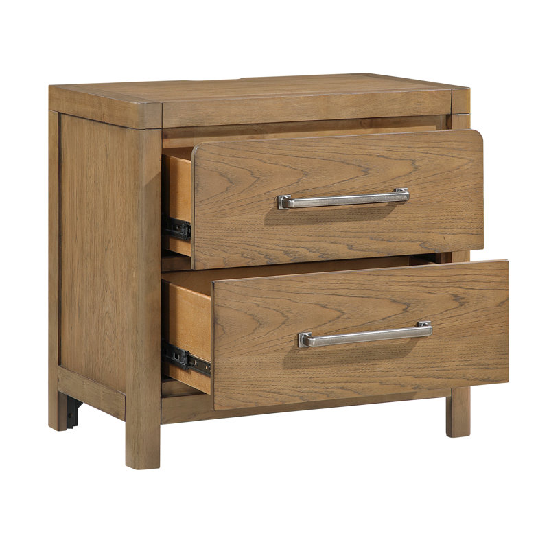 Table de chevet 1 pièce à finition brun clair avec 2 tiroirs et prises USB