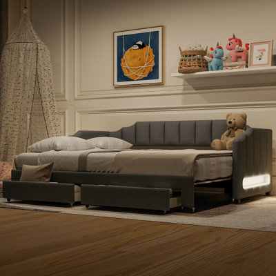 Extendable Upholstered Daybed With Two Storage Drawers And LED Light,Daybed