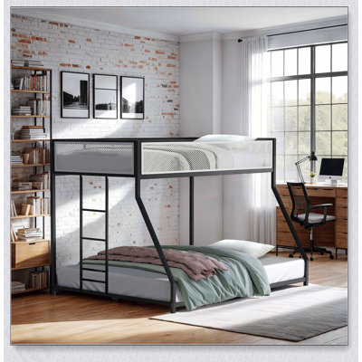Lit double superposé au dessus d'un lit double en métal de style contemporain avec structure en métal et finition noire prête pour le matelas