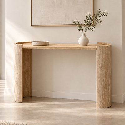 Console contemporaine minimaliste avec pieds incurvés et plateau en bois veiné, gain de place, idéale pour un hall d'entrée, un couloir, un salon ou derrière un canapé.