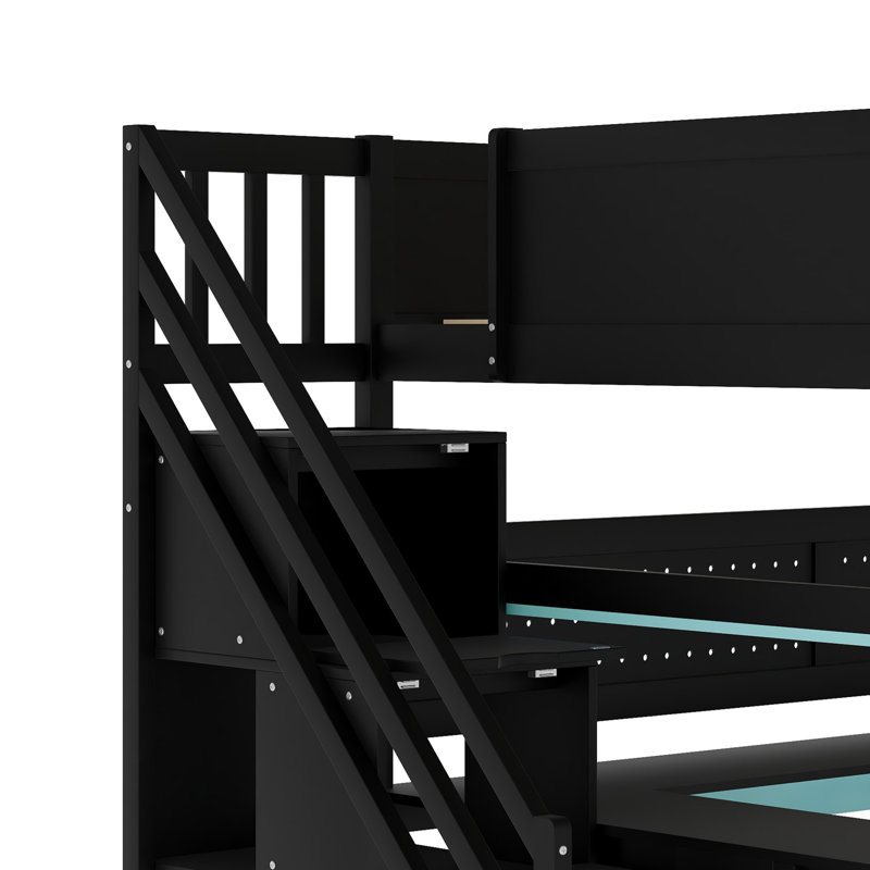 Lit mezzanine en bois avec escalier de rangement, bureau, tablettes et panneau perforé, Bleu, Lit double