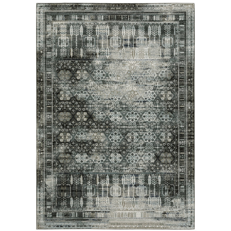Tapis oriental en polyester tissé à la machine en gris, Rectangle 5 pi 3 po x 7 pi 6 po