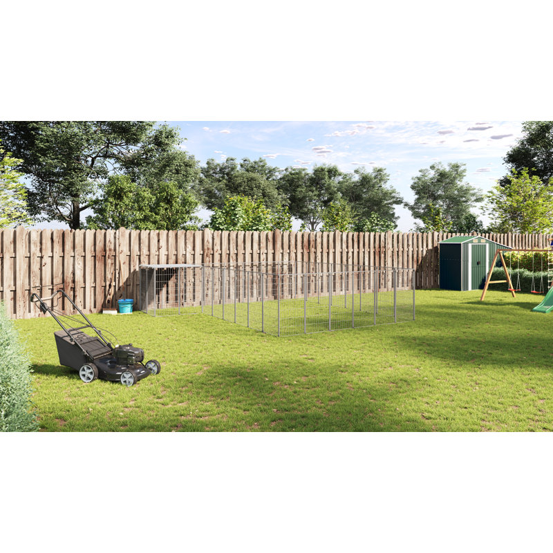43.3'' H Powder Coated Steel Yard Kennel With Door, Silver, 43.3'' H x 173.2'' W x 173.2'' D