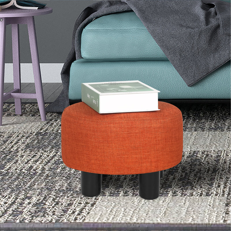 12.4" Round Upholstered Accent Ottoman Footstool, Orange Linen