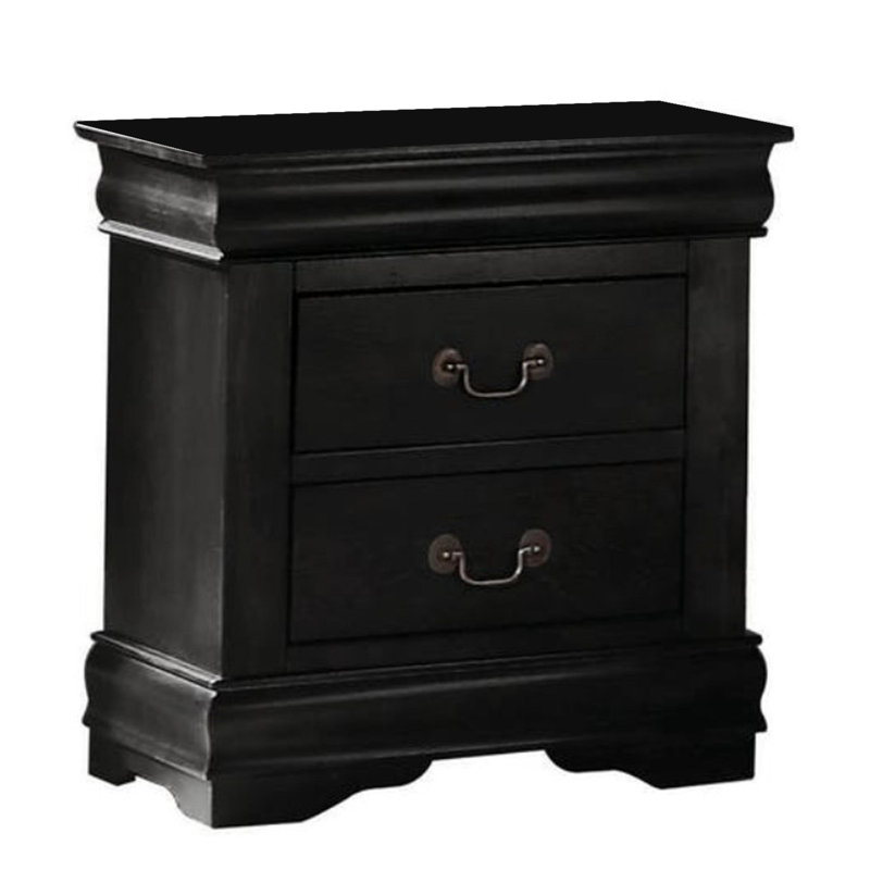Sleek Black Modern Nightstand – 2 Drawer Storage with French Dovetail & Metal Glides, Brushed Nickel Handles for Bedroom