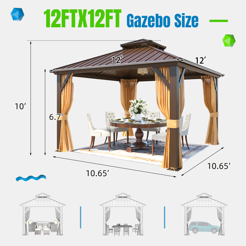 Erommy 12' x 12' Brown Aluminum Frame Gazebo with Curtains and Netting